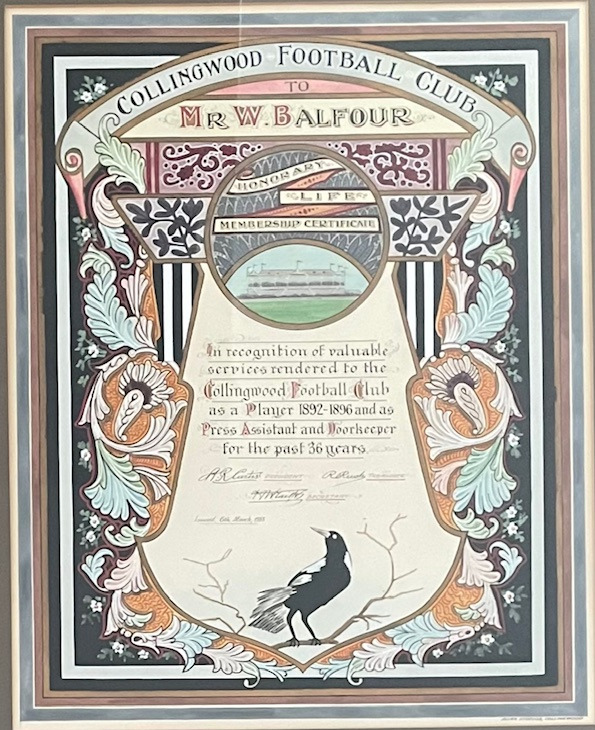 Life Membership certificate presented to former player and official Bill Balfour in the 1930s