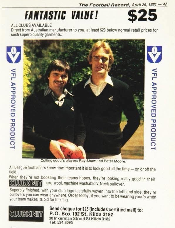Peter Moore and and Tony Shaw for Club Knits in 1981