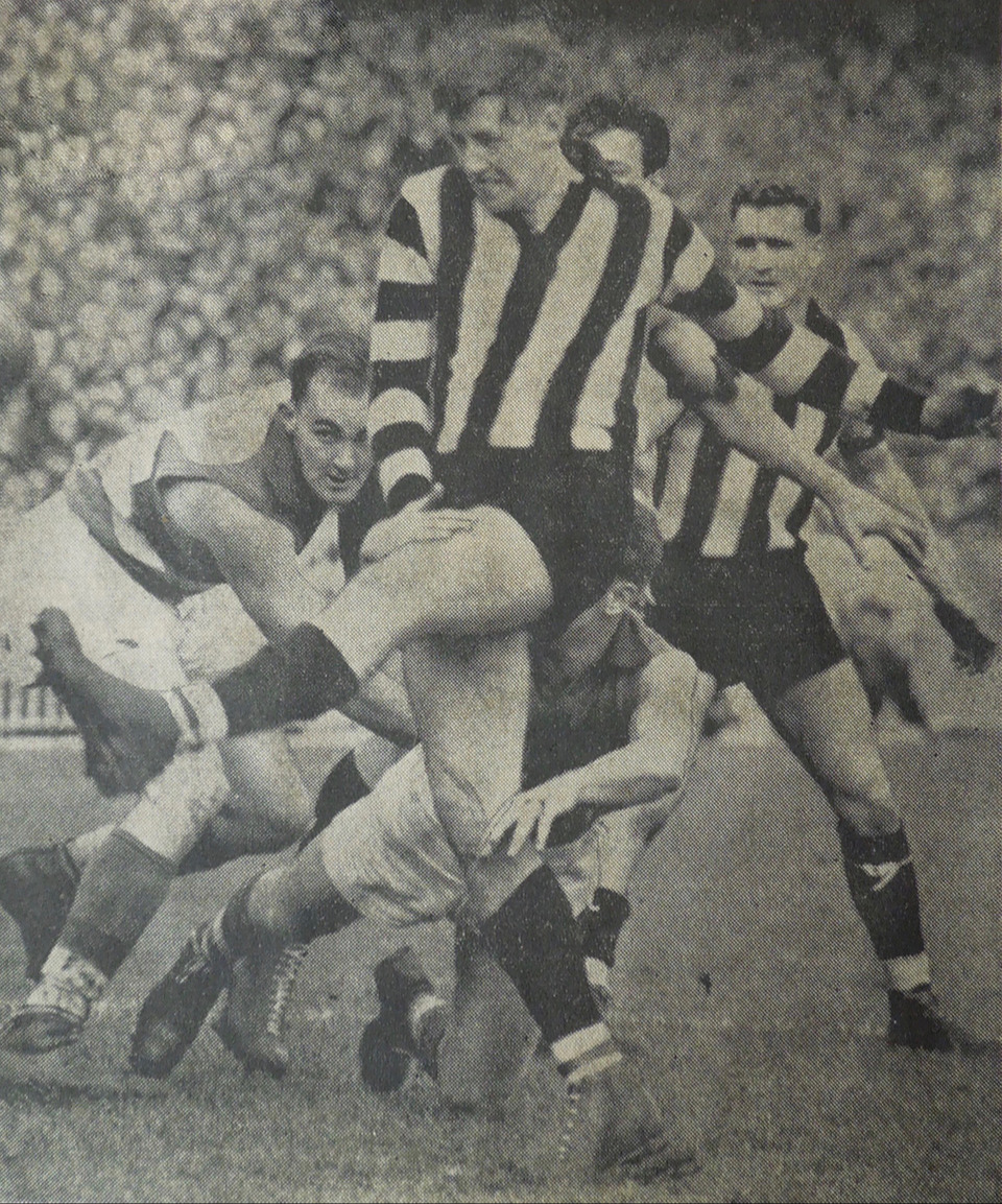 Ken Smale kicks one of his eight goals against Footscray in the 1956 preliminary final